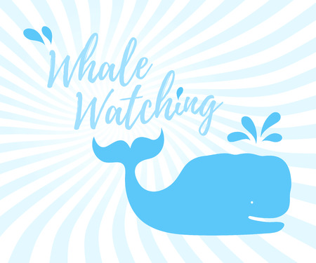 Whale watching in handwritten style with text and blue whale and splashes on wavy background. Vector illustrationのイラスト素材