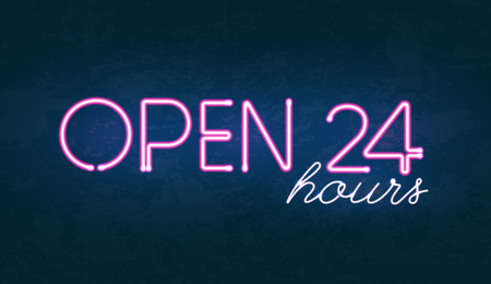 Vector illustration of Open 24 hours glowing neon light street sign on dark textured backgroundのイラスト素材