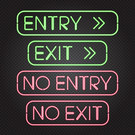 Vector illustration of glowing neon lights signs - Entry, Exit, No entry, No exit - on dark transparent background. Isolated objects, easy to change colors and place on any background, EPS 10のイラスト素材