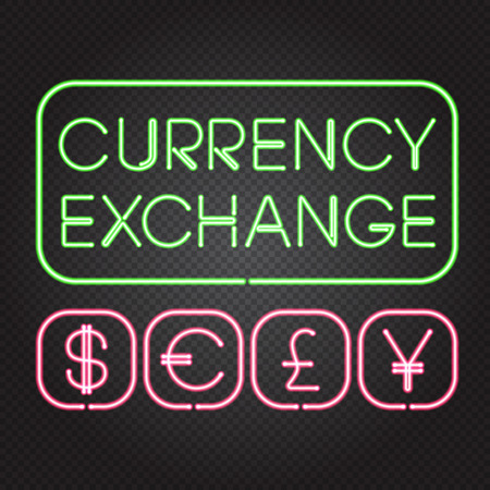 Vector illustration of glowing neon lights signs - Currency Exchange, dollar, euro, pound, yuan - on dark transparent background. Isolated objects, easy to change colors and place on any backgroundのイラスト素材