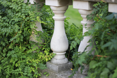 Pillars or Columns on Fence Railing in Garden Surrounded by Overgrown Greenery or Vegetationの写真素材