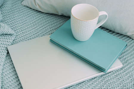 white mug, blue diary and notebook. light working morning