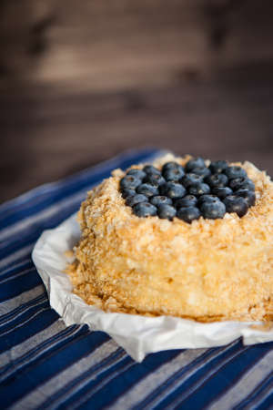 homemade cake decorated with crumbs and blueberries on a dark blue background