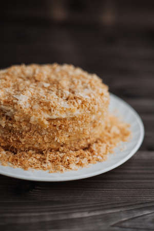 homemade honey cake on dark wooden background