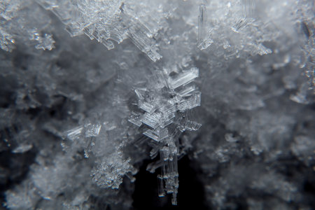 Macro shot of the crystalline texture of ice in cold shades, an ice outgrowth. no-frost technology