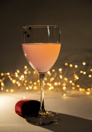 wine glasses with pink drink in the light of a garland.evening valentine's day
