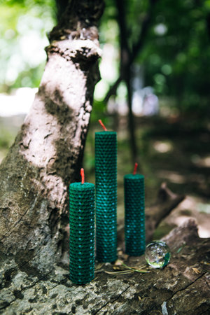ritual scene. green beeswax candle in the forestの写真素材
