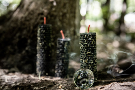 black beeswax candle with herbs in the forest Herb infused black candle sticks for ritual and...