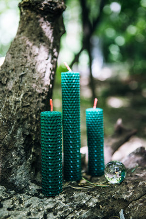 ritual scene. green beeswax candle in the forestの写真素材