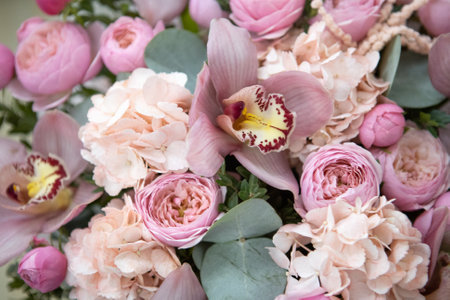 large orchid buds in an expensive bouquet. close-up of a bouquet of huge orchids on a light backgroundの写真素材