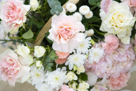 royal bouquet in boho, rustic style. bouquet of soft pink roses, eustomas and eucalyptus branchesの写真素材