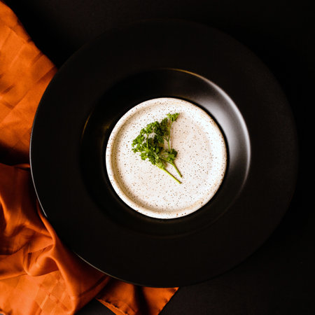 A parsley leaves on white plate with dots against dark and orange cloth backgorund. Low key, eat less, vegan concept.の写真素材