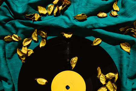 Layout of LP vinyl record on a cyan silk or saten fabric with yellow rose patels on it.  Old vintage record.の写真素材