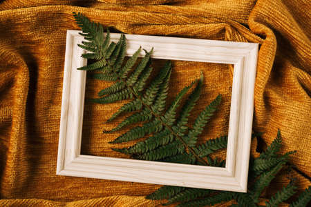 Creative concept of white wood frame with green fern branch against golden yellow fabric cloth wave background. Minimal design with copy space.の写真素材