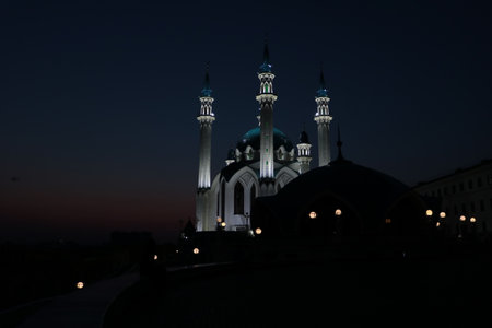 Mosque at night in Kazan, Republic of Tatarstan, Russiaの写真素材