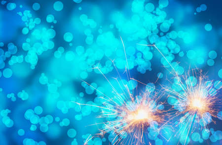 Burning sparklers on abstract snowy background. Happy new year. 3d illustration.の写真素材