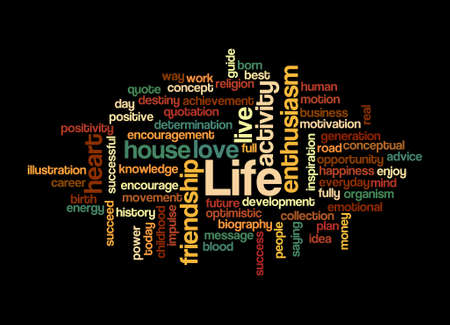 Word Cloud with LIFE concept, isolated on a black background.の写真素材