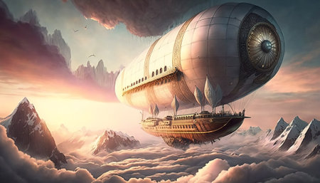 Steam-powered airship and mountains. mystical fantasy artwork. Generative AI.の素材