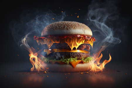 delicious hamburger with melting cheese and details of smoke and fire behind. Generative AI.の素材