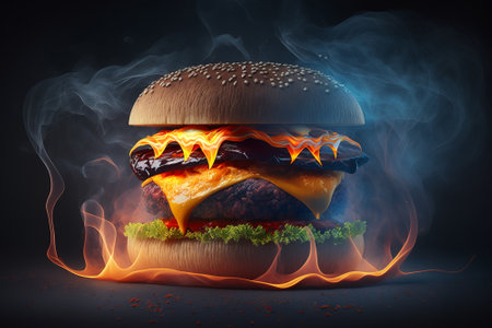 delicious hamburger with melting cheese and details of smoke and fire behind. Generative AI.の素材