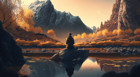 A woman is enjoying the view of the mountains. Generative AI.の素材