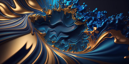 Acrylic Fluid Art. Blue waves and gold inclusion. Generative AI.の素材