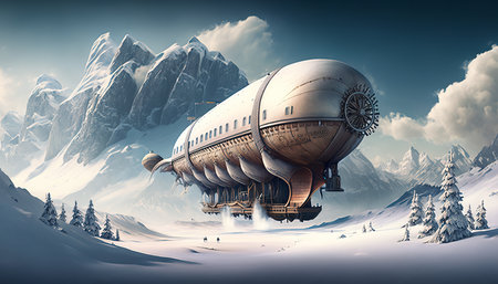 Steam-powered airship and mountains. mystical fantasy artwork. Generative AI.の素材