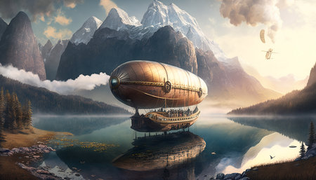 Steam-powered airship and mountains. mystical fantasy artwork. Generative AI.の素材