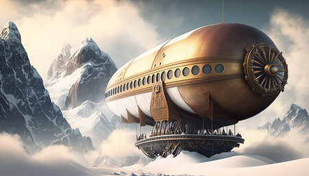 Steam-powered airship and mountains. mystical fantasy artwork. Generative AI.の素材