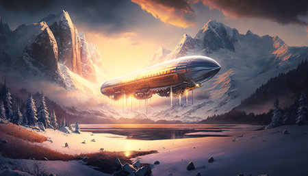 Steam-powered airship and mountains. mystical fantasy artwork. Generative AI.の素材