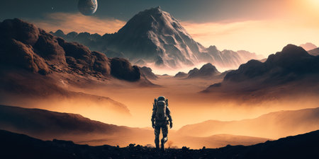 A spaceman walking through a misty distant planet. surreal mystical fantasy artwork. Generative AI.の素材