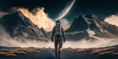 A spaceman walking through a misty distant planet. surreal mystical fantasy artwork. Generative AI.の素材