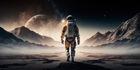A spaceman walking through a misty distant planet. surreal mystical fantasy artwork. Generative AI.の素材