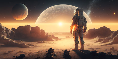 A spaceman walking through a misty distant planet. surreal mystical fantasy artwork. Generative AI.の素材