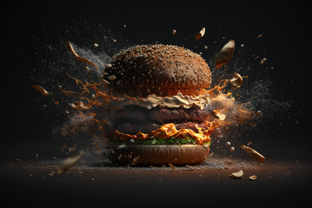 Delicious burger exploding in front of the camera with floating ingredients on black background. Generative AI.の素材