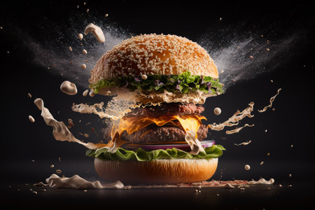 Delicious burger exploding in front of the camera with floating ingredients on black background. Generative AI.の素材