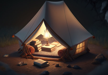 Camp tent. surreal mystical fantasy artwork. Generative AI.の素材