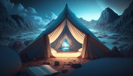 Camp tent. surreal mystical fantasy artwork. Generative AI.の素材