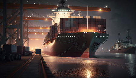 A loaded container cargo ship is seen in the front as docked at the port. Generative AI.の素材