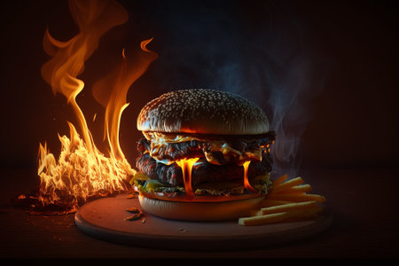 Tasty burger with french fries and fire. Generative AI.の素材