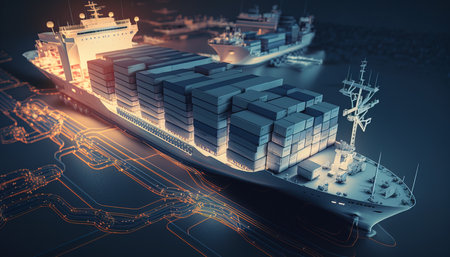 Transportation and logistics network distribution growth. container cargo ship. Generative AI.の素材