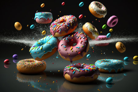 Flying multicolor donuts dessert sprinkled with meises sugar. Generative AI.の素材
