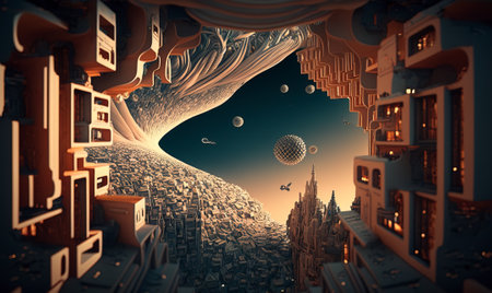 flying city. surreal fantasy landscape. Generative AI.の素材