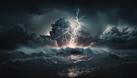 Lightning storm at sea, with a powerful and dangerous presence and a sense of raw energy and power. Generative AI.の素材