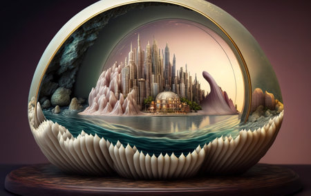 Miniature city in shell. surreal mystical fantasy artwork. Generative AI.の素材