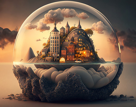 Miniature city in shell. surreal mystical fantasy artwork. Generative AI.の素材