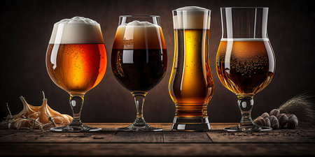 Glasses of different tasty beer on table. Generative AI.の素材