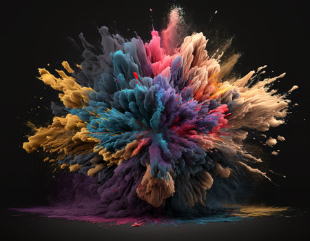Colorful magic explosion on dark background. surreal mystical fantasy artwork. Generative AI.の素材
