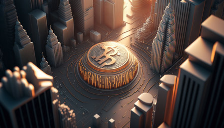 bitcoin city. Surreal mystical fantasy artwork. impossible art. Generative AI.の素材