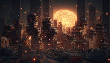 bitcoin city. Surreal mystical fantasy artwork. impossible art. Generative AI.の素材